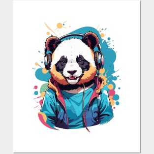 Happy Panda with Headphones Posters and Art